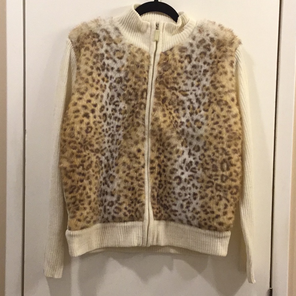 Faux Leopard fur and ivory zip up sweater jacket